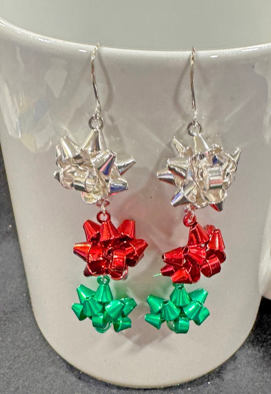 Christmas Red, Green and Silver Bow Dangle Earrings 3 Inches Long (New)  E206